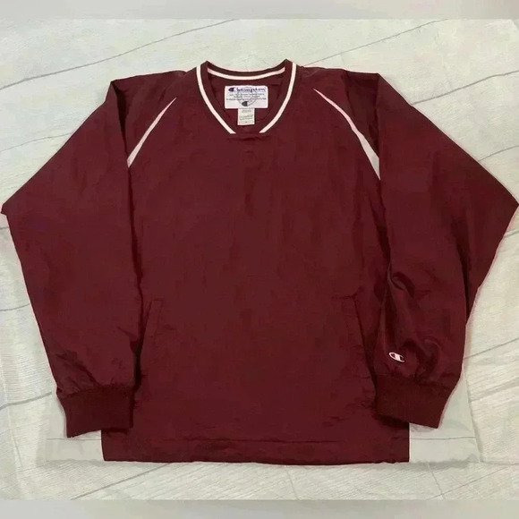 Champion Vintage 90s Adult M Pullover V-Neck Windbreaker Lined Jacket Maroon red - Picture 16 of 16